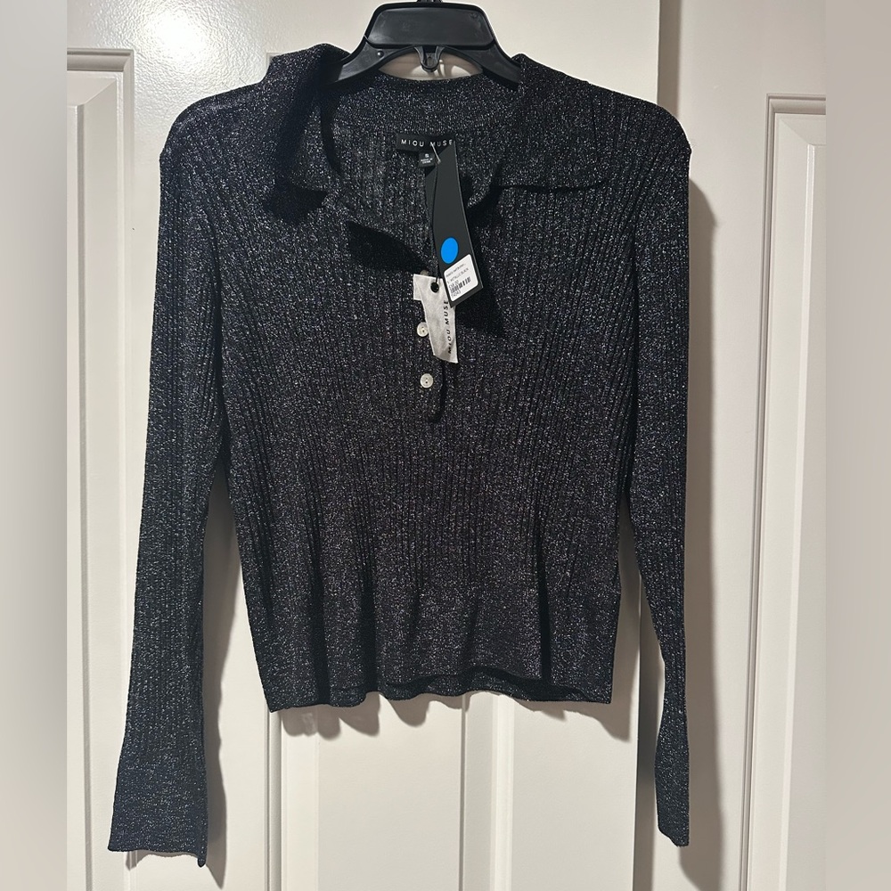 NWT Miou Muse Metallic Collared Half Button Top Black Size Small